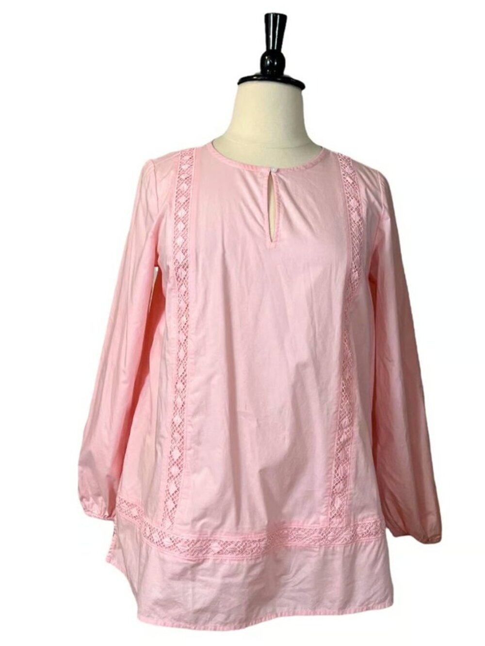 Lands’ End Pink Long Sleeve Lightweight Lace Eyelet Trim Cotton Tunic Top